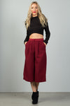 Ladies fashion burgundy pleat detail wide leg culottes - MonayyLuxx