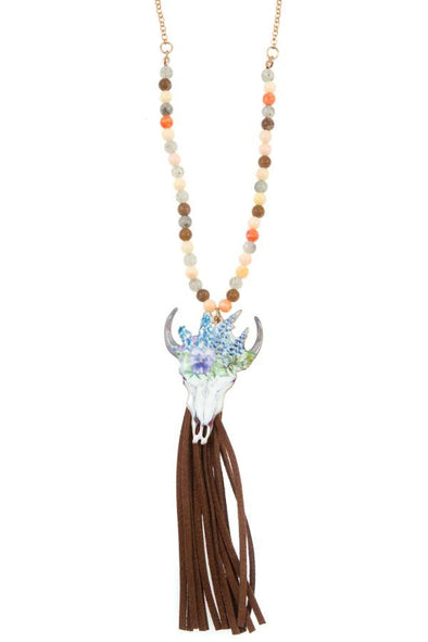 Etched bull suede tassel beaded long necklace set - MonayyLuxx