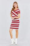 Short Sleeve V-neck W/cross Wrap Multi Stripe Sweater Dress - MonayyLuxx