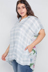 Plus Size Denim Grey Combo Plaid Floral Sort Sleeve Top - MonayyLuxx