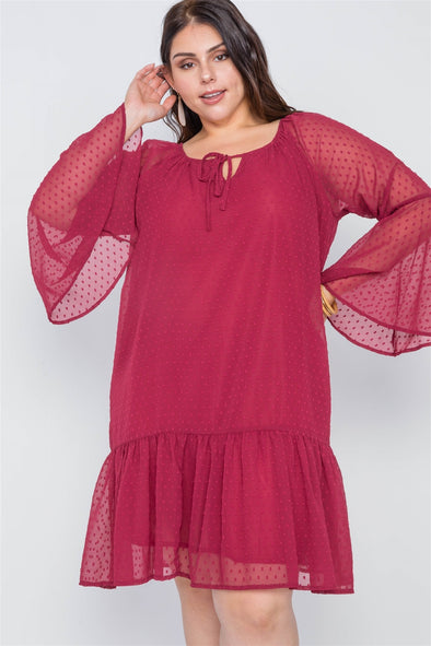 Plus Size Burgundy Bell Sleeves Shirred Dress - MonayyLuxx