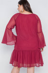Plus Size Burgundy Bell Sleeves Shirred Dress - MonayyLuxx