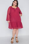 Plus Size Burgundy Bell Sleeves Shirred Dress - MonayyLuxx