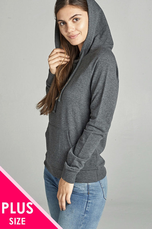 Long Sleeve Pullover French Terry Hoodie Top W/ Kangaroo Pocket - MonayyLuxx