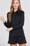 Long Sleeve Princess Line One Side Pocket Button Down Woven Shirts