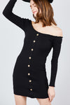 Long Sleeve Button Down Detail Off The Shoulder Cotton Spandex Heavy Rib Mini Dress