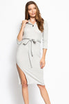 Solid, Midi Tee Dress With 3/4 Sleeves, Collared V Neckline, Decorative Button, Matching Belt And A Side Slit