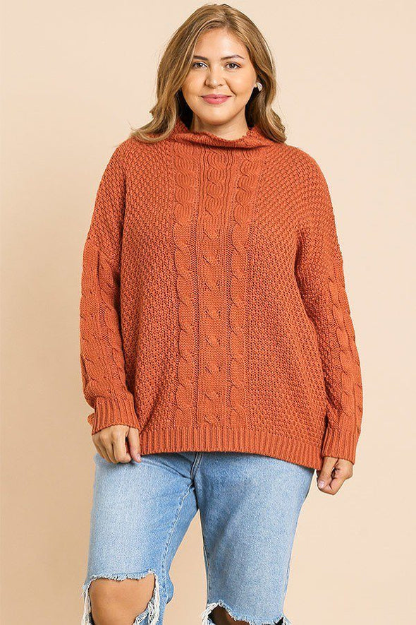 Long Sleeve Cable Knit Mock Neck Pullover Sweater