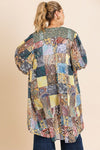 Sheer Animal Scarf Mixed Print Long Puff Sleeve Open Front Long Kimono