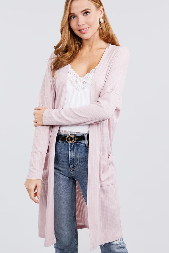 Long Dolman Sleeve Open Front W/pocket Pointelle Rib Long Cardigan