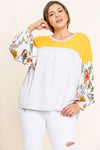 Floral Print Puff Sleeve Round Neck Heathered Top