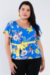 Plus Size Tropical Floral Print Mock Sleeve Chiffon Semi-sheer Top