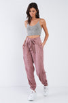 Crushed Satin Cinched Ankle Cuff Self Tie Waist Sash Pants