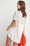 Short Sleeves Rayon Slub Mix And Match Striped Contrast Boxy Top