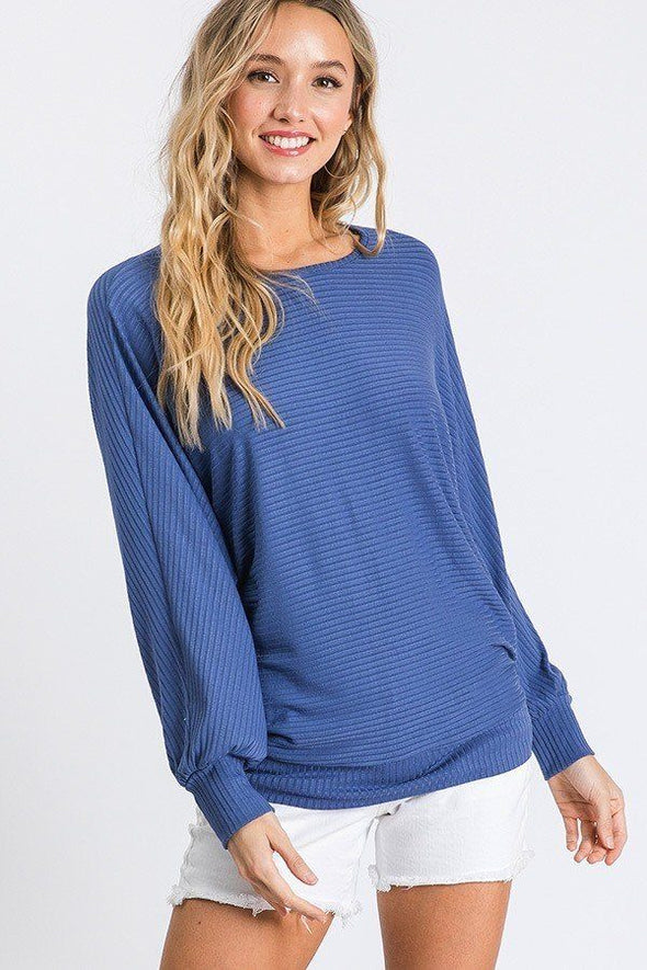 Dolman Long Sleeve Ribbed Top With Banded Hem