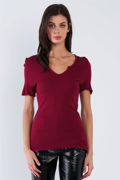 Cherry Red Ribbed V-neck Top