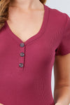 Short Sleeve V-neck W/button Detail Rib Knit Top