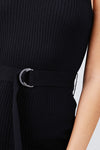 Sleeveless Double Scoop Neck W/belt Rib Sweater Mini Dress