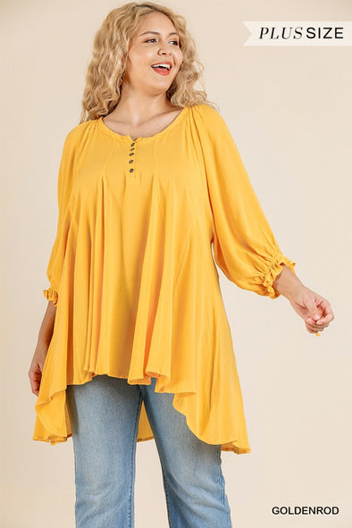 Ruffle Tie Sleeve Button Round Neck Tunic With High Low Hem