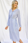 Stripe Print Cinched Waist Long Sleeve Shirt Midi Dress