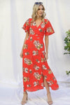 Spring Floral Print Short Bell Flyaway Sleeve Faux Wrap Maxi Dress