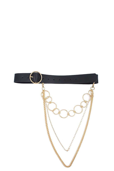 Fashion Round Buckle Belt With Triple Layer Chain Accent