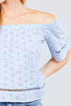 Elbow Sleeve Off The Shoulder Lace Trim Eyelet Detail Woven Top