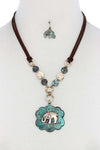 Elephant Pendant Hammered Coin Suede Necklace