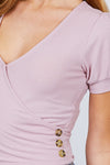 Short Puff Sleeve Surplice Neckline W/side Button Detail Rib Knit Top