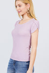 Short Tulip Puff Sleeve Round Neck Rib Knit Top