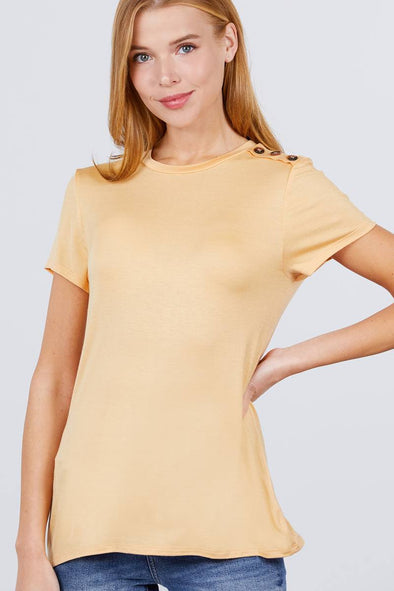 Short Sleeve Crew Neck W/shoulder Button Detail Rayon Spandex Top