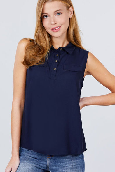 Sleeveless Front Flap Pocket Button Down Woven Shirts