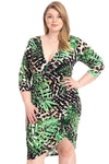 Plus Size Leopard Print With Tropical Leaf Print Bodycon Dress