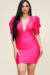 Solid Short Puff Sleeve Dress With Plunged V Neck Line