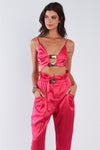 Fuchsia Pink Satin Buckle Hardware Crop Top High Waisted Tapered Pant Set