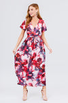 Short Sleeve V-neck Button Down Belted Print Woven Maxi Dress