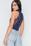 Navy Blue Mock-neck Sheer Button Down Lace Top