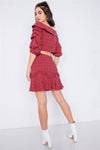 Raspberry Plaid Off-the Shoulder Retro Chic Crop Top & Mini Ruffle Skirt Set