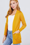 Long Sleeve Rib Banded Open Sweater Cardigan W/pockets