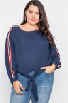 Plus Size Color Block Sleeve Front Knot Semi-sheer Top