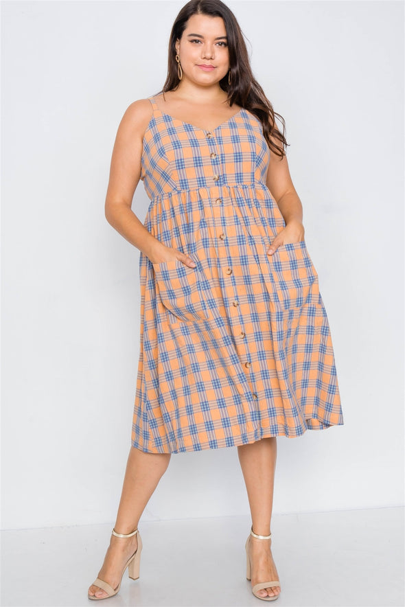 Plus Size Orange Plaid V-neck Midi Dress