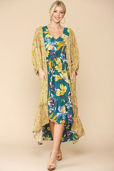 Floral Print V-neck Side Pocket Ruffled Dress