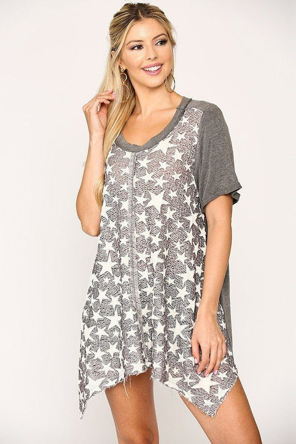 Star Textured Knit Mixed Tunic Top With Shark Bite Hem