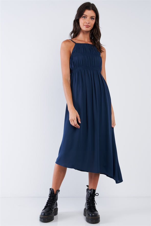 Navy Seal Blue Asymmetrical Square Neck Adjustable Cami Strap Maxi Dress