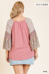 Sheer Mixed Floral Print Bell Sleeve Round Neck Top