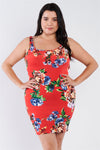 Plus Size Tomato Red Floral Print Scoop Back Cinched Center Mini Dress