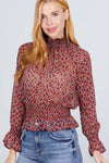 Long Ruffled Raglan Sleeve Mock Neck Smocked Detail Print Woven Top