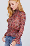 Long Ruffled Raglan Sleeve Mock Neck Smocked Detail Print Woven Top