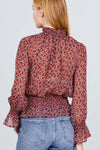 Long Ruffled Raglan Sleeve Mock Neck Smocked Detail Print Woven Top