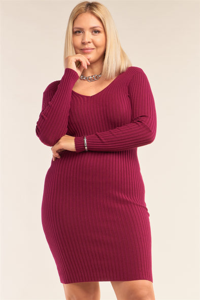 Plus Size V-neck Long Sleeve Ribbed Sweater Bodycon Mini Dress